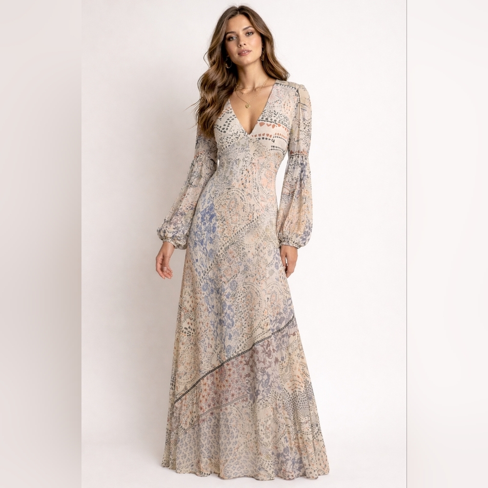 Free People Maxi Dress NWT Size 0 Boho Patchwork Long Sleeve $228 Retail